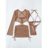 imageMakeMeChic Womens 3 Piece Swimsuit Tie Back Halter Triangle Thong Bikini Set with Cover Up DressBrown