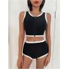 imageMakeMeChic Womens Bikini Sets Color Block Crew Neck Zip Front Summer Swimsuit Bathing SuitsBlack