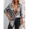imageMakeMeChic Womens Button Down Shirt Long Sleeve Collared Pocket Work Blouse TopSilver