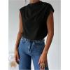 imageMakeMeChic Womens Draped Neck Tops Cap Sleeve Mock Neck Keyhole Work Shirt Summer BlouseBlack