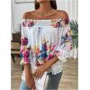 imageMakeMeChic Womens Floral Print Blouse Shirred Half Sleeve Off Shoulder Tie Back Boho ShirtMulticolor