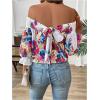 imageMakeMeChic Womens Floral Print Blouse Shirred Half Sleeve Off Shoulder Tie Back Boho ShirtMulticolor