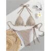 imageMakeMeChic Womens Halter Triangle Thong Bikini Sets High Cut Swimsuit Bathing Suit SwimwearStriped Mocha Brown