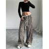 imageMakeMeChic Womens Leopard Print Pants Lettuce Trim Drawstring Waist Wide Leg Baggy Streetwear Long TrousersMulticolor