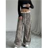 imageMakeMeChic Womens Leopard Print Pants Lettuce Trim Drawstring Waist Wide Leg Baggy Streetwear Long TrousersMulticolor