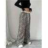imageMakeMeChic Womens Leopard Print Pants Lettuce Trim Drawstring Waist Wide Leg Baggy Streetwear Long TrousersMulticolor