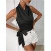 imageMakeMeChic Womens Satin Blouse Wrap V Neck Sleeveless Tie Side Summer Elegant Crop TopsBlack