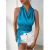 imageMakeMeChic Womens Satin Blouse Wrap V Neck Sleeveless Tie Side Summer Elegant Crop TopsBlue