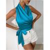 imageMakeMeChic Womens Satin Blouse Wrap V Neck Sleeveless Tie Side Summer Elegant Crop TopsBlue