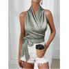 imageMakeMeChic Womens Satin Blouse Wrap V Neck Sleeveless Tie Side Summer Elegant Crop TopsMint Green