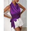 imageMakeMeChic Womens Satin Blouse Wrap V Neck Sleeveless Tie Side Summer Elegant Crop TopsPurple