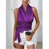 imageMakeMeChic Womens Satin Blouse Wrap V Neck Sleeveless Tie Side Summer Elegant Crop TopsPurple