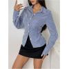 imageMakeMeChic Womens Striped Button Down Shirts Collared Long Sleeve Blouse Y2K TopsBlue C