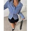 imageMakeMeChic Womens Striped Button Down Shirts Collared Long Sleeve Blouse Y2K TopsBlue C