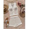 imageMakeMeChic Womens Striped Shorts Set Two Piece Outfits Knit Crochet Tank Top Matching SetKhaki White