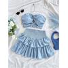 imageMakeMeChic Womens Summer 2 Piece Outfits Twist Front Tube Top and Shirred Ruffle Tiered Mini Skirt SetBlue