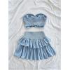 imageMakeMeChic Womens Summer 2 Piece Outfits Twist Front Tube Top and Shirred Ruffle Tiered Mini Skirt SetBlue