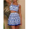 imageMakeMeChic Womens Two Piece Outfit Floral Sleeveless Shirred Tank Crop Top and Skirt SetBlue and White