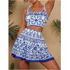 imageMakeMeChic Womens Two Piece Outfit Floral Sleeveless Shirred Tank Crop Top and Skirt SetBlue and White