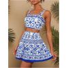 imageMakeMeChic Womens Two Piece Outfit Floral Sleeveless Shirred Tank Crop Top and Skirt SetBlue and White