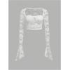 imageMakeMeChic Womens Two Piece Outfits Floral Lace Bell Sleeve Crop Top and Ruched Ruffle Tiered Mini Skirt SetWhite