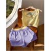 imageMakeMeChic Womens Two Piece Outfits Scoop Neck Patched Crop Tops Colorblock Track Shorts SetYellow Purple