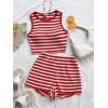 imageMakeMeChic Womens Two Piece Outfits Striped Crew Neck Tank Crop Tops and Shorts SetRed and White