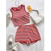 imageMakeMeChic Womens Two Piece Outfits Striped Crew Neck Tank Crop Tops and Shorts SetRed and White