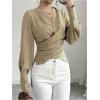 imageMakeMeChic Womens V Neck Wrap Long Sleeve Blouse Shirt Top Asymmetrical High Low BlousesApricot