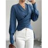 imageMakeMeChic Womens V Neck Wrap Long Sleeve Blouse Shirt Top Asymmetrical High Low BlousesBlue