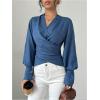 imageMakeMeChic Womens V Neck Wrap Long Sleeve Blouse Shirt Top Asymmetrical High Low BlousesBlue
