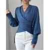 imageMakeMeChic Womens V Neck Wrap Long Sleeve Blouse Shirt Top Asymmetrical High Low BlousesBlue