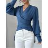 imageMakeMeChic Womens V Neck Wrap Long Sleeve Blouse Shirt Top Asymmetrical High Low BlousesBlue