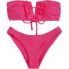 imageMakeMeChic Womens 2 Piece Bandeau Swimsuit Ruffle Trim Lace Up Bikini Set Strapless Bathing SuitsHot Pink