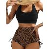 imageMakeMeChic Womens 2 Piece Bathing Suits Leopard Scoop Neck Drawstring High Waisted Bikini Shorts SwimsuitBrown Black