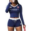 imageMakeMeChic Womens 2 Piece Outfit Printed Long Sleeve V Neck Jersey Crop Top and Shorts Matching SetBlue
