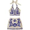 imageMakeMeChic Womens 2 Piece Outfits Floral Embroidery Halter Tie Open Back Crop Tops and Bodycon Skirt SetBlue