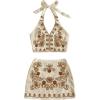 imageMakeMeChic Womens 2 Piece Outfits Floral Embroidery Halter Tie Open Back Crop Tops and Bodycon Skirt SetBrown