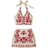 imageMakeMeChic Womens 2 Piece Outfits Floral Embroidery Halter Tie Open Back Crop Tops and Bodycon Skirt SetRed