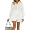 imageMakeMeChic Womens 2 Piece Outfits Vertical Striped Long Sleeve Button Down Shirt and Shorts SetWhite