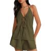 imageMakeMeChic Womens 2 Piece Set Summer Outfits Tie Front Backless Halter Top and Wide Leg Shorts SetArmy Green