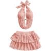 imageMakeMeChic Womens 2 Piece Y2k Outfit Draped Front Tie Back Halter Crop Tops and Skirt SetPink