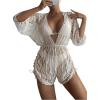 imageMakeMeChic Womens 3 Piece Bathing Suit Tropical Halter Triangle Bikini Set Mesh Cover Up RomperBeige