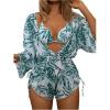 imageMakeMeChic Womens 3 Piece Bathing Suit Tropical Halter Triangle Bikini Set Mesh Cover Up RomperGreen