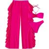 imageMakeMeChic Womens 3 Piece Swimsuit Solid Halter Bikini Set with Ruffle Sheer Cover UpHot Pink