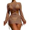 imageMakeMeChic Womens 3 Piece Swimsuit Tie Back Halter Triangle Thong Bikini Set with Cover Up DressBrown