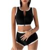 imageMakeMeChic Womens Bikini Sets Color Block Crew Neck Zip Front Summer Swimsuit Bathing SuitsBlack