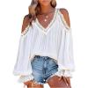 imageMakeMeChic Womens Cold Shoulder Tops Contrast Lace Long Sleeve Blouse V Neck Boho ShirtsWhite