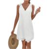 imageMakeMeChic Womens Eyelet Embroidery V Neck Tank Dress Tie Shoulder Scallop Trim Mini DressWhite