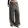 imageMakeMeChic Womens Leopard Print Pants Lettuce Trim Drawstring Waist Wide Leg Baggy Streetwear Long TrousersMulticolor